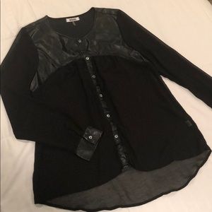 Sheer button down with pleather accent